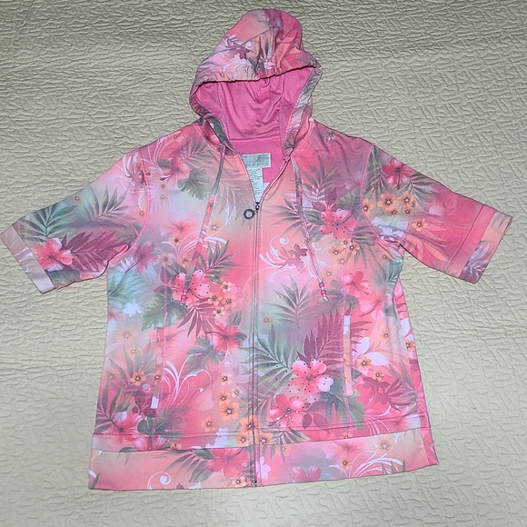 Green Tea Tropical Floral Rhinestone short sleeve hoodie size XL - Picture 2 of 9